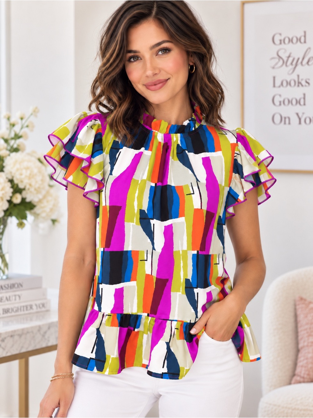 Jodifl Multicolor Abstract Print Ruffle Sleeve Top